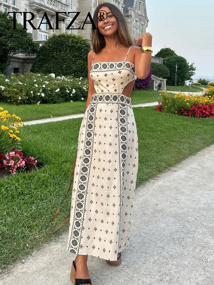 TRAFZA Women Vintage Print Sling Long Dress 2025 Fashion Hollow Out Sleeveless Backless Button Holiday Dresses Lady Slim Robes