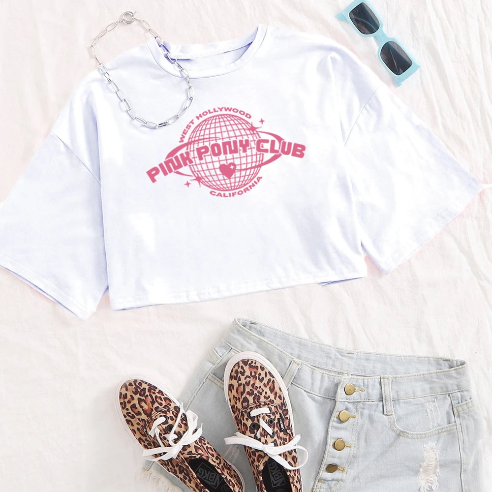 Chappell Roan Pink Pony Club Crop Tops Gift for Fan Chappell Roan Merch Harajuku O-Neck Short Sleeves Crop Tops