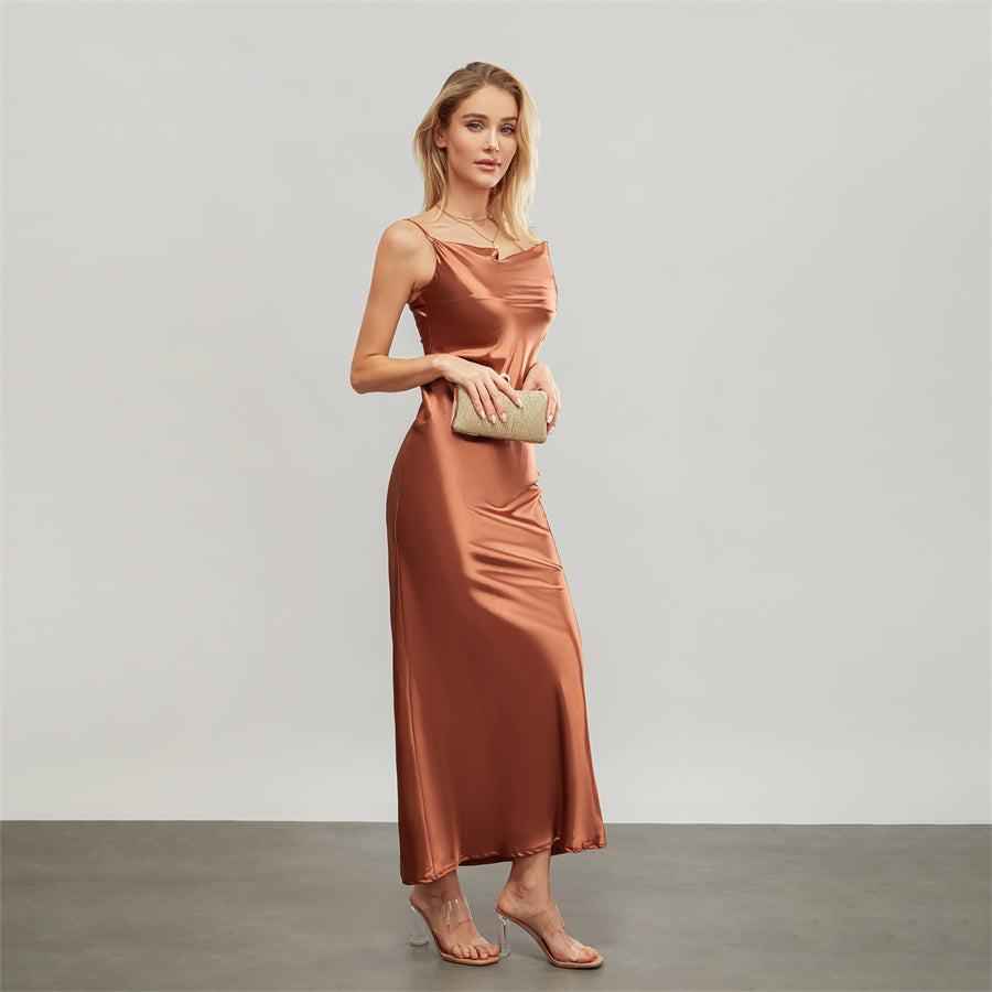 Elegant Satin Long Dress Solid Color Sleeveless Cowl Neck Wrap Party Dress