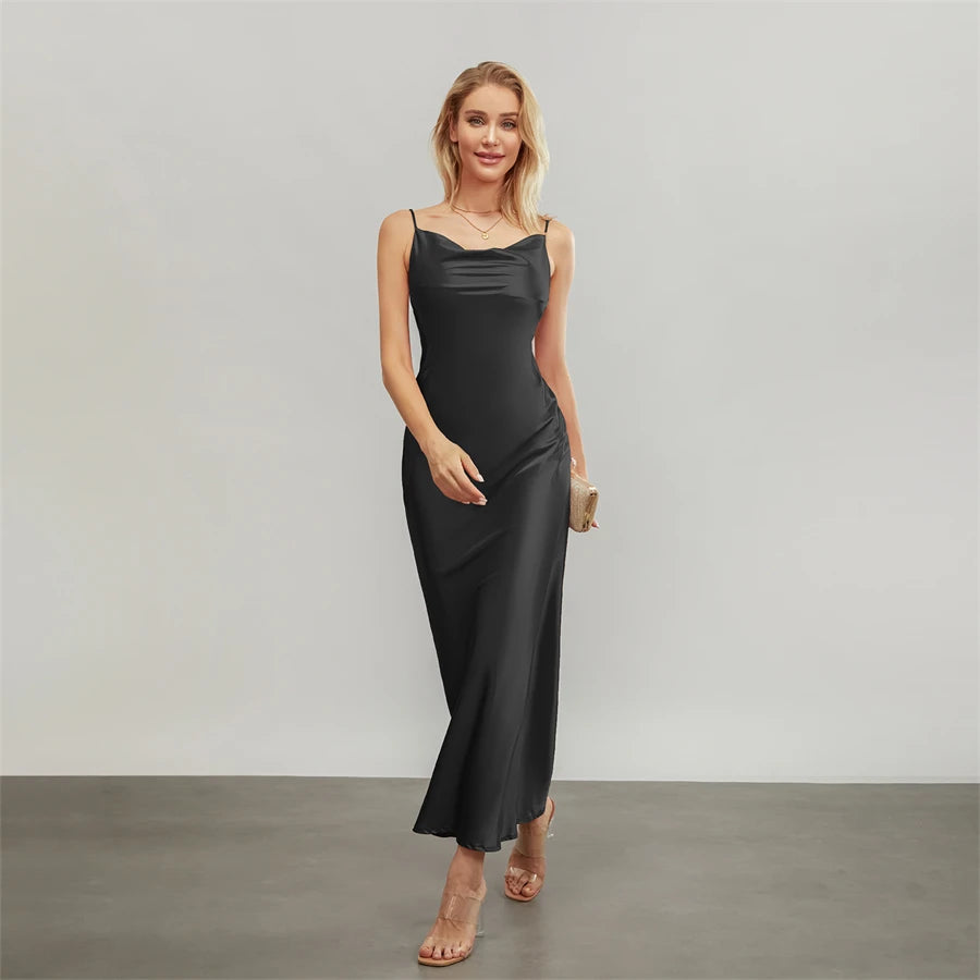 Elegant Satin Long Dress Solid Color Sleeveless Cowl Neck Wrap Party Dress