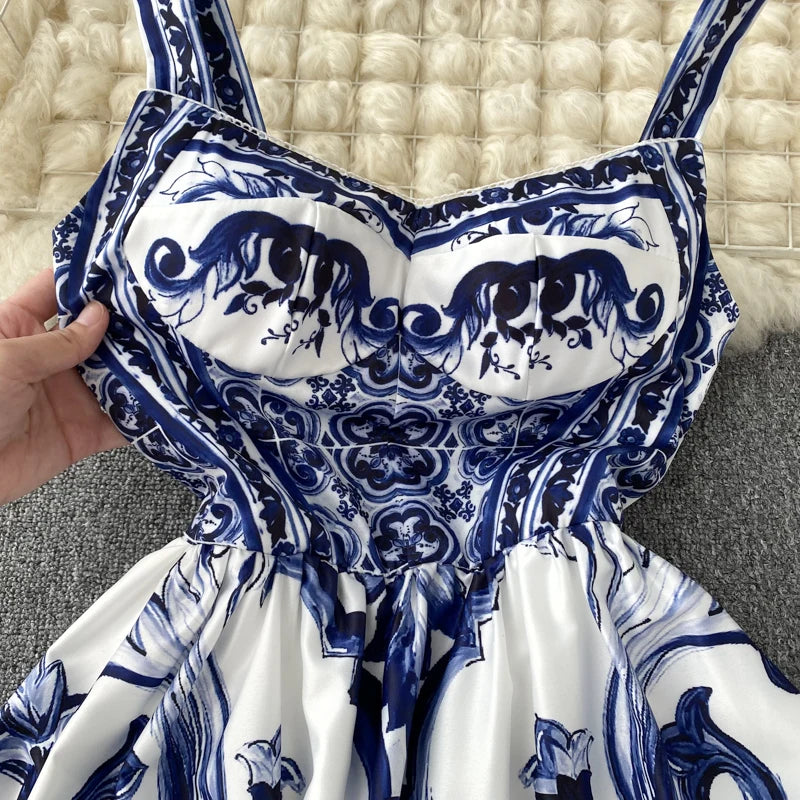 New Summer Holiday Elastic Yellow Print Long Dress Women's Spaghetti Strap Cup Padded Backless Blue White Porcelain Maxi Vestido