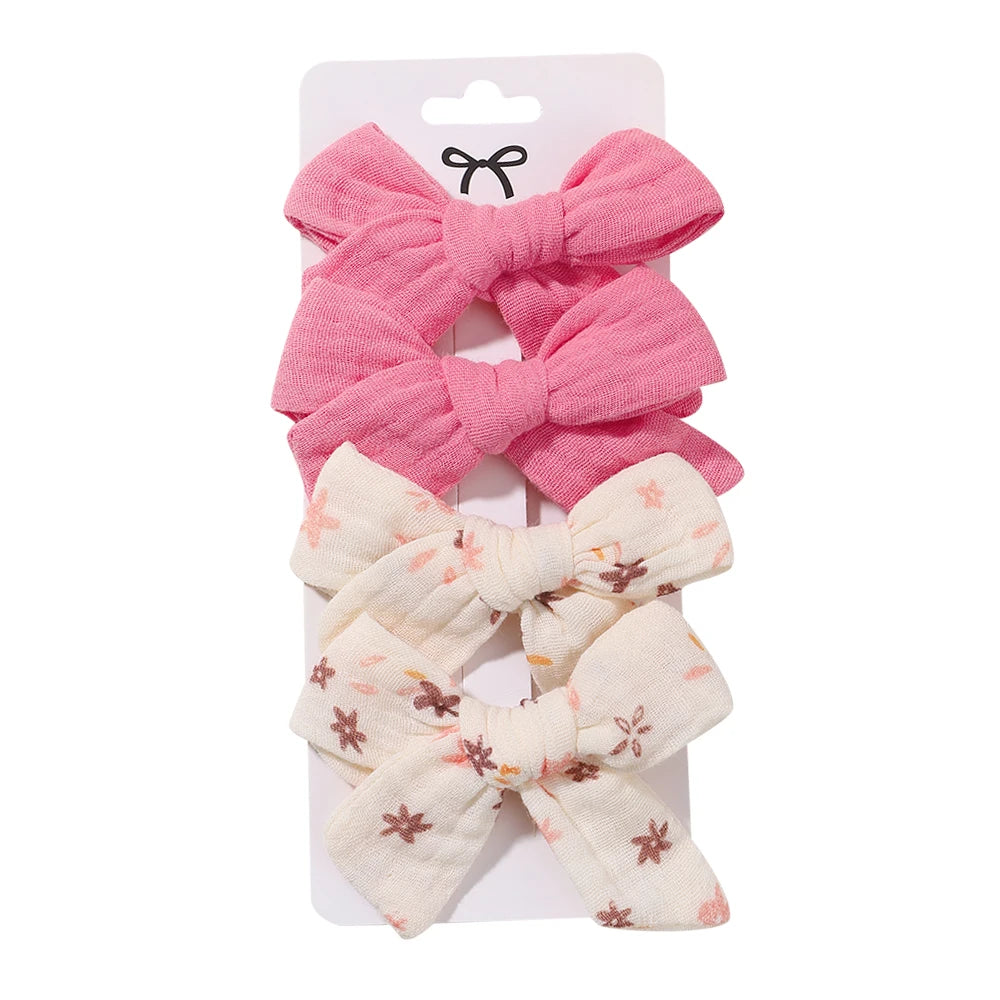 4PCS/Set Muslin Baby Girls Bows Hair Clips Hairpins Hairclip For Kids Cotton Linen Barrette Flower Print Side Pin Accessories