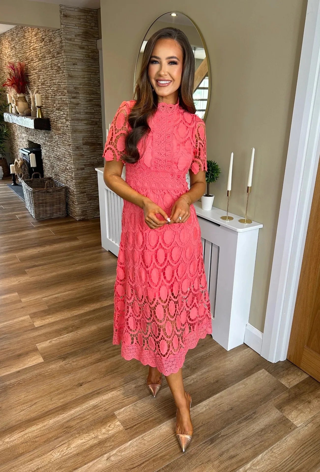 Spring New Fashionable French Lace Stand Up Collar With Bubble Sleeves Waist Cinching Slimming Dress Elegant Long Dress