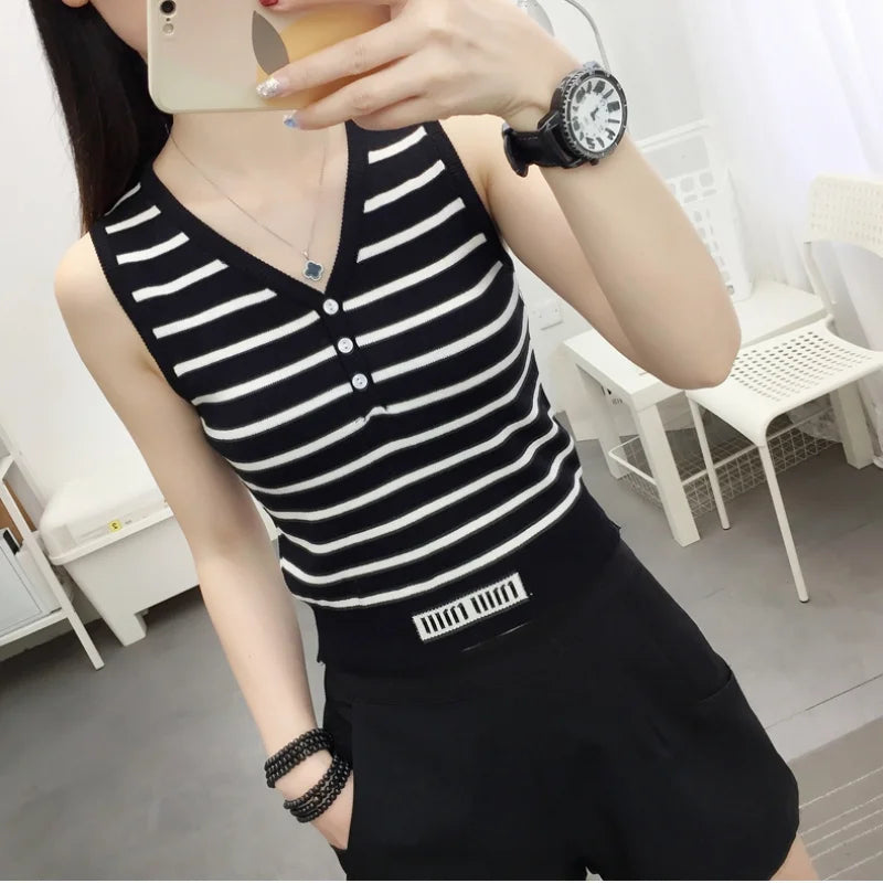 Summer New Short Ice Silk Sling Striped Tank Women's V-neck Button Slim Elastic Versatile Fashion Knitted Sleeveless Top