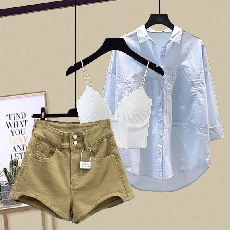 Spring/Summer Set Women's New Design Sense Sunscreen Shirt Fashion Tank Top Slimming Denim Shorts Age Reducing Three Piece