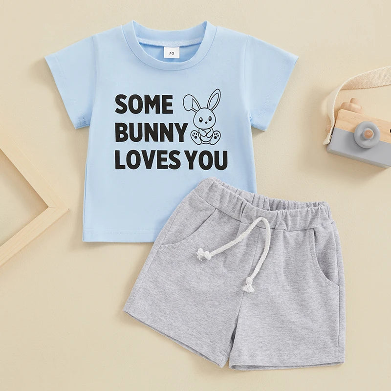 Baby Boy Easter Outfit Round Neck Short Sleeve Letter Print Tops Elastic Waist Shorts 2 Piece Summer Set for Infant Toddler