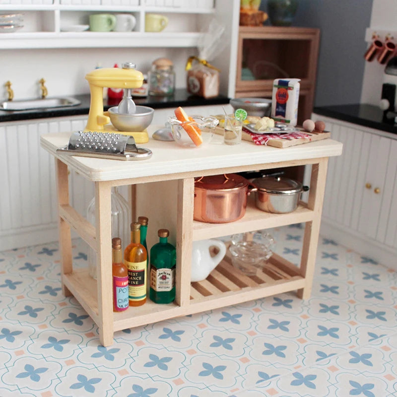 1:12 Dollhouse Miniature Table Dining Table Multi-layer Cooking Storage Table With Hook Up Furniture Kitchen Model Decor Toy