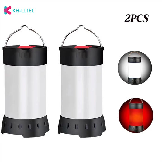 2PCS Portable White Red Camping Lantern USB Rechargeable Camping Tent Light 5 Modes With Hook Magnet 18650 Camping Hiking Light
