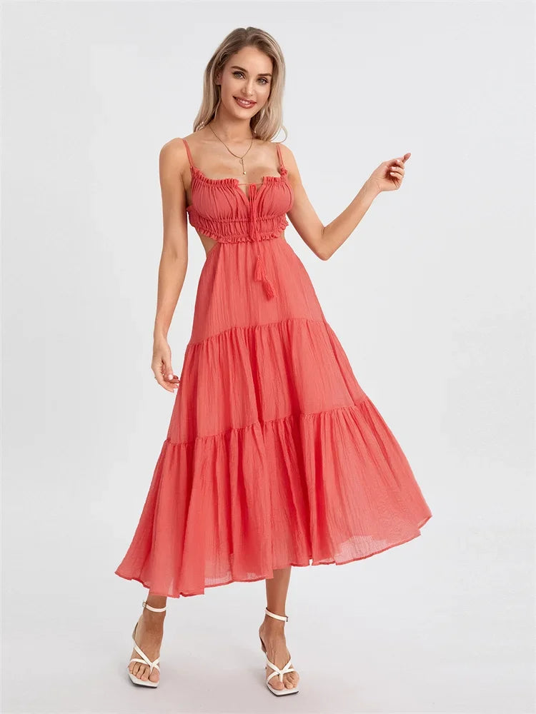 2025 Summer Women Flowy Long Dress Spaghetti Strap Cut Out Backless Ruffle A-line Dress Bohemian Party Holiday Casual Sundress