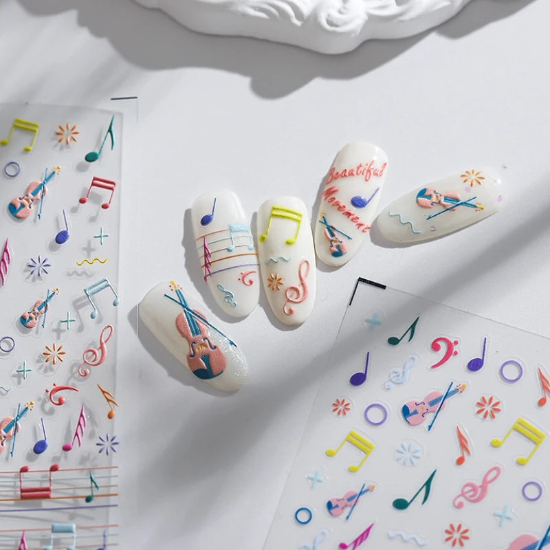 Colored Doodle Violin Music Note Design 5D Embossed Reliefs Nail Art Stickers Cute 3D Self Adhesive Manicure Decals Wholesale