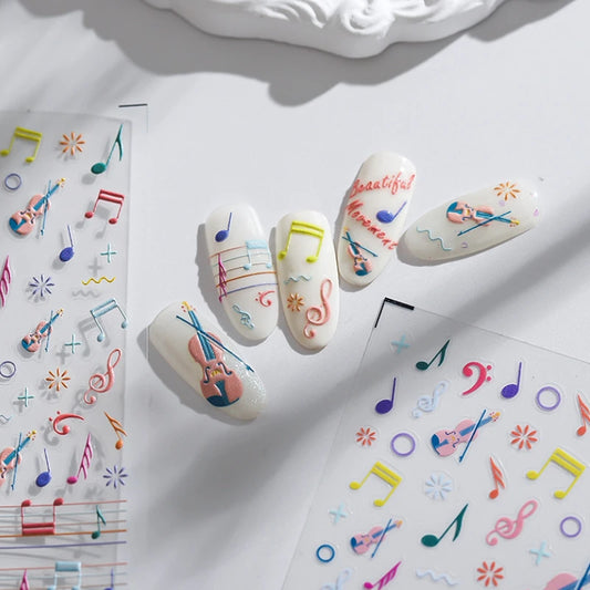 Colored Doodle Violin Music Note Design 5D Embossed Reliefs Nail Art Stickers Cute 3D Self Adhesive Manicure Decals Wholesale