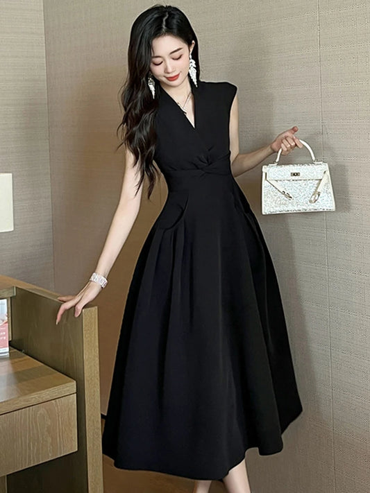 New Summer Elegant Women Evening Long Dress Lady Black Formal Chic V-Neck Slim Midi Party Gown Robe Mujer Vestido Street Clothes