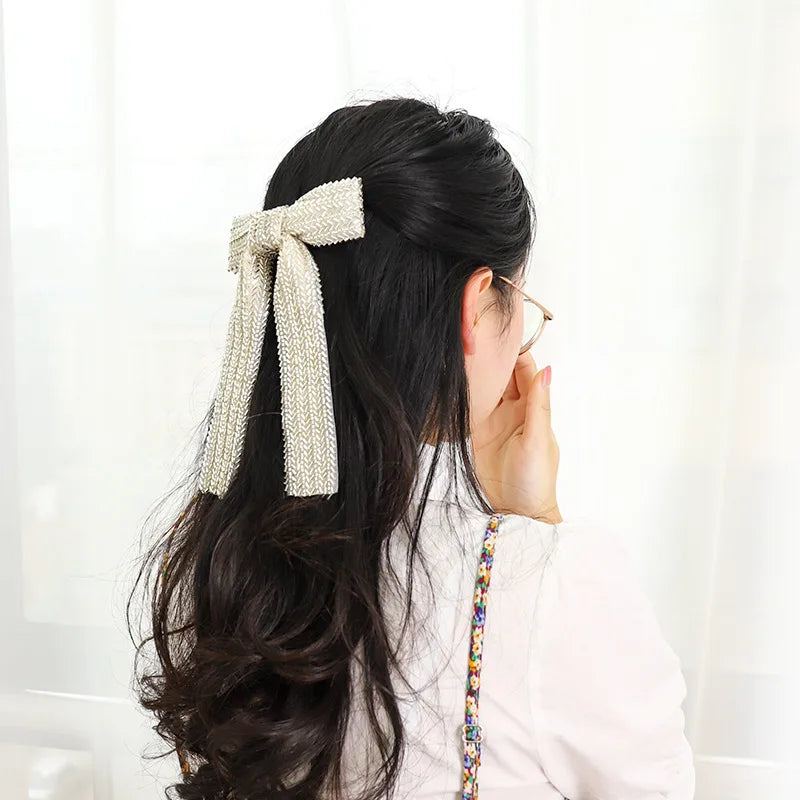 Glass Diamond Beaded Full Pearls Hairclip Bows Ribbon Barrette Girls Bow Hairpins Wedding Hair Accessories Hair Clips Women