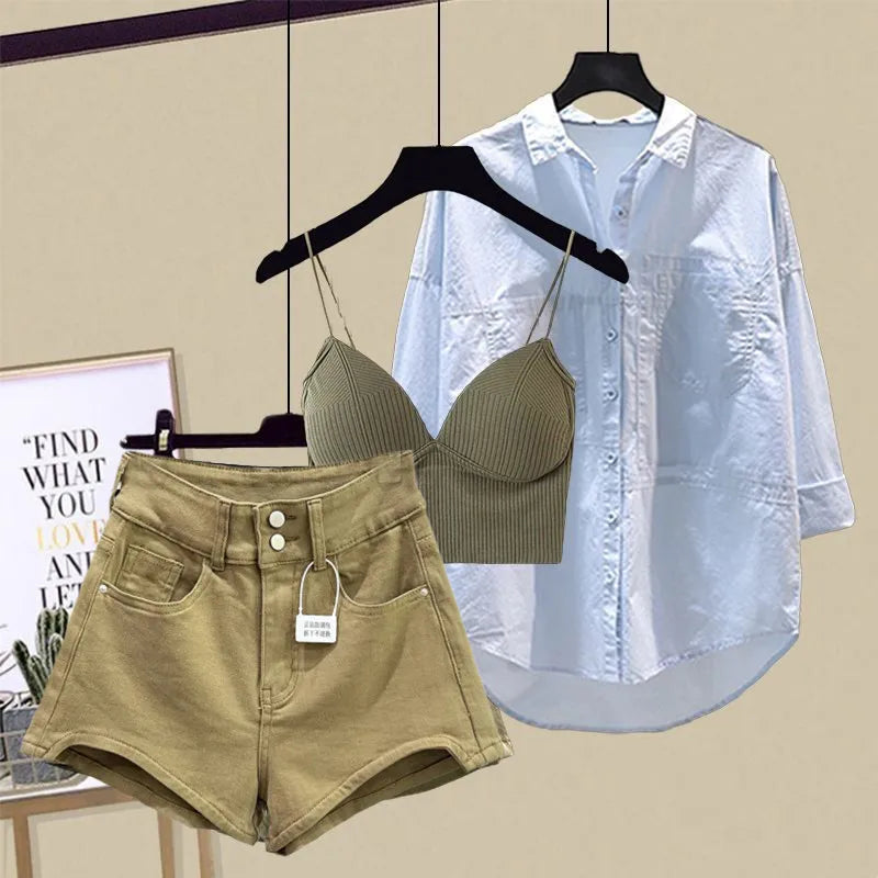 Spring/Summer Set Women's New Design Sense Sunscreen Shirt Fashion Tank Top Slimming Denim Shorts Age Reducing Three Piece