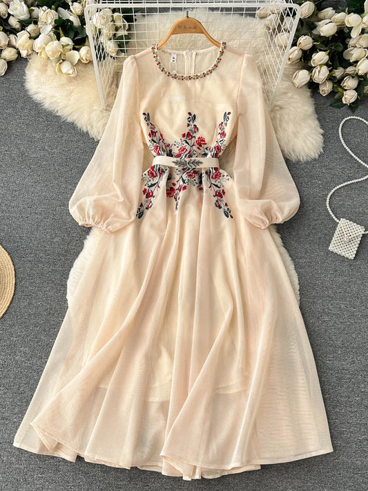 Autumn White/Beige Beading Embroidered Long Dress For Women Elegant O-Neck Puff Sleeve High Waist Elegant Party Robe New Fashion