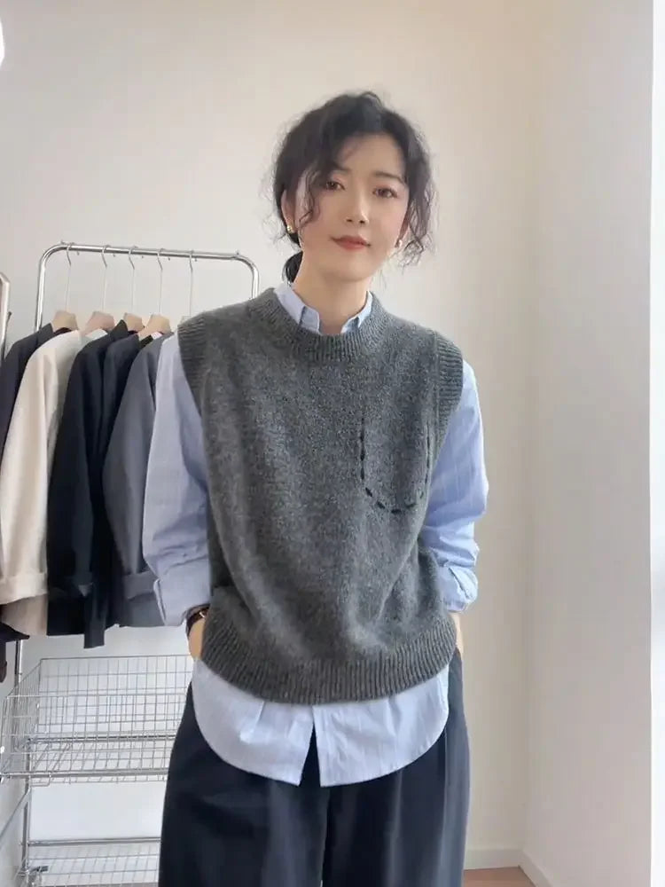 Solid Round O Neck Women's Knitted Vest Pullover Korean Style Clothing Trend Waistcoat Jumper Wear To Work Female Sweater