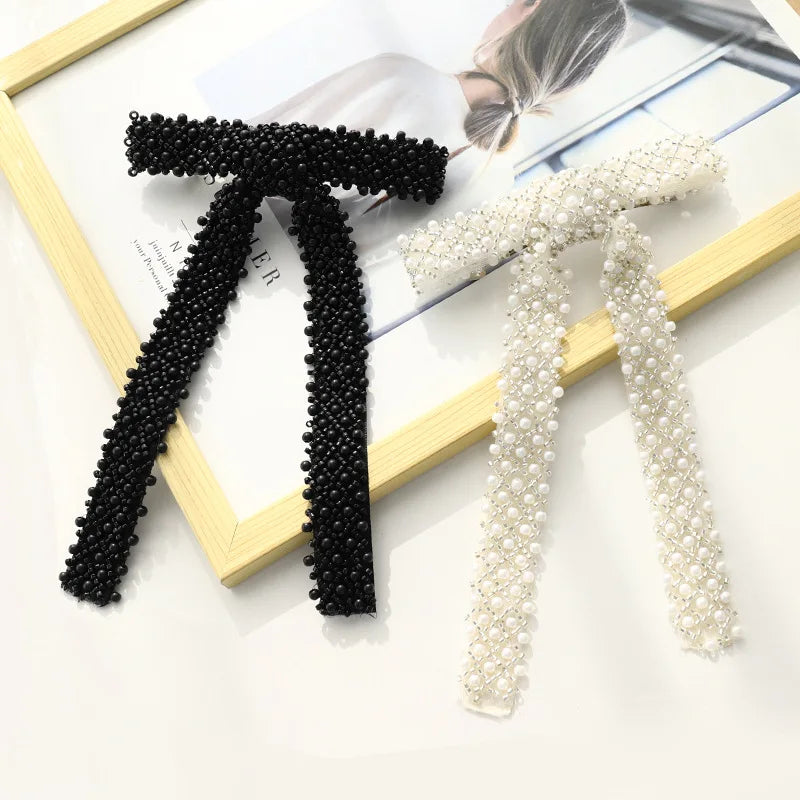 Glass Diamond Beaded Full Pearls Hairclip Bows Ribbon Barrette Girls Bow Hairpins Wedding Hair Accessories Hair Clips Women