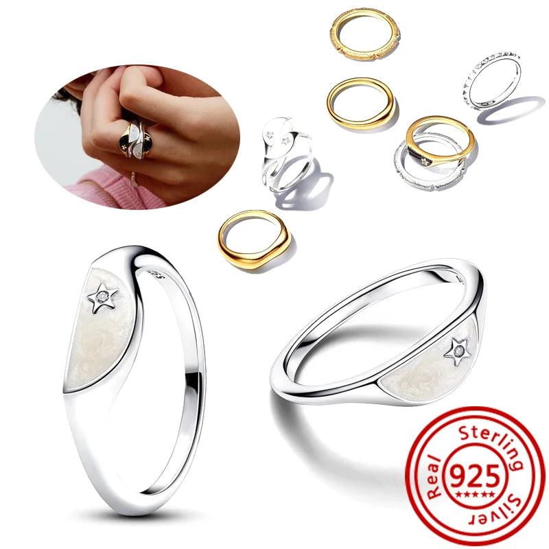 New 925 Sterling Silver Organically Shaped Stacking Pearls Hearts Stars Moon Sun Day Night Sparkling Pantaro Rings Women Jewelry