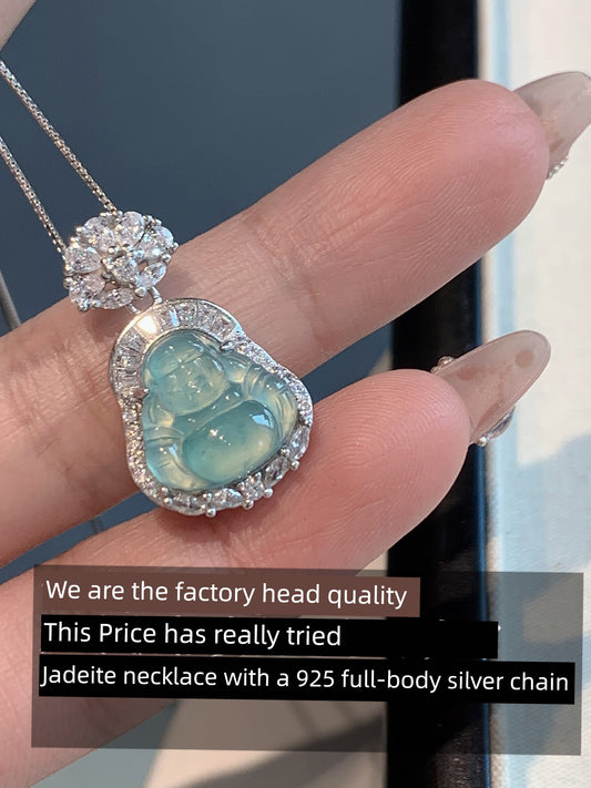 Happy Bodhi Natural Dangerous Material Blue Water Feitsui Buddhle Sculpture Male Necklace Sterling Silver Female Clavicle Chain Neck Chain Birthday Gift