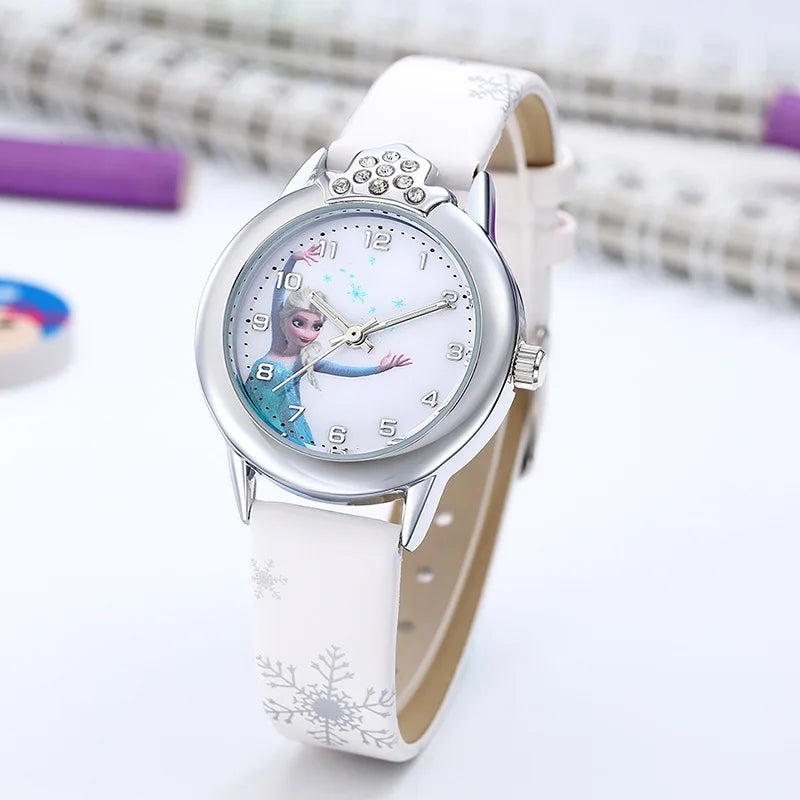 Elsa Girls Kids Watch Leather Strap Cute Children's Cartoon  Anime Princess Crown Table Gifts