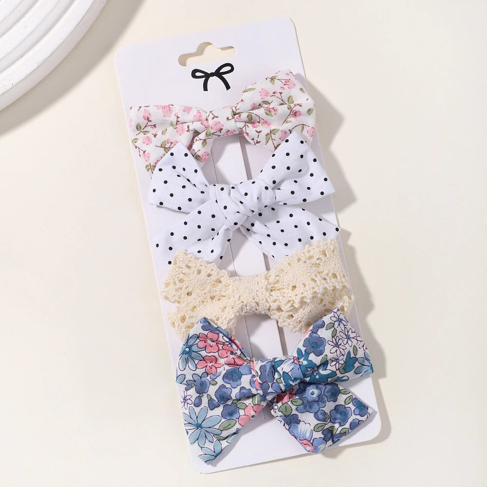 4PCS/Set Muslin Baby Girls Bows Hair Clips Hairpins Hairclip For Kids Cotton Linen Barrette Flower Print Side Pin Accessories