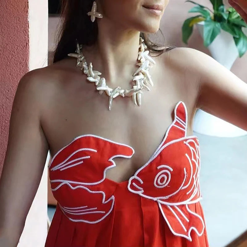3D Fish Shaped Embroidery Pleated Sling Dress Women Spring Strapless Hollow Party Long Dress Summer Backless Side Zip Boho Dress