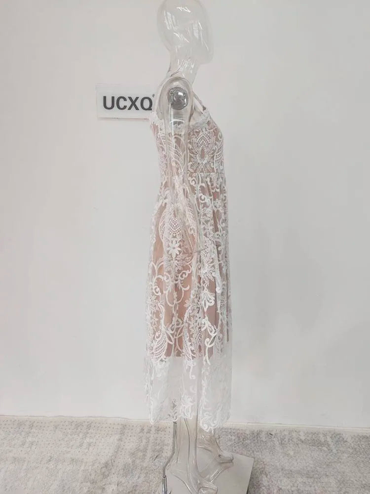 UCXQ Square Neck Lace Embroidery Elegant Long Dress Fairycore Waist Sleeveless Camisole Dresses Women 2025 Spring Summer 23A8639