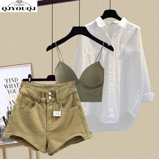 Spring/Summer Set Women's New Design Sense Sunscreen Shirt Fashion Tank Top Slimming Denim Shorts Age Reducing Three Piece