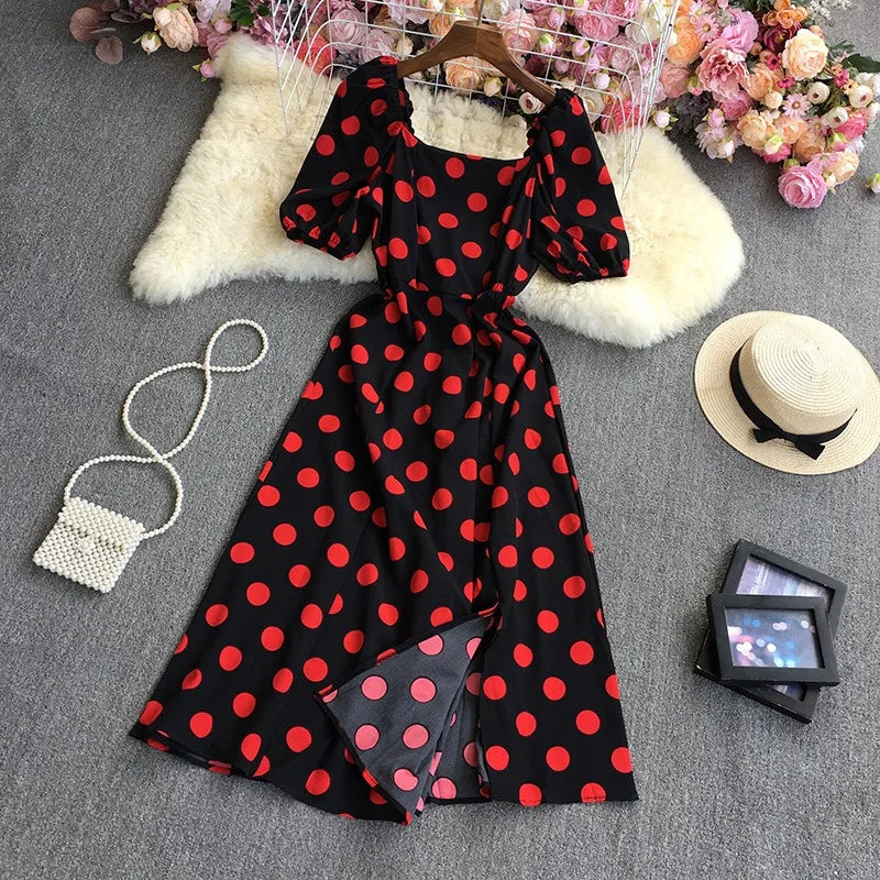 YuooMuoo Korean Fashion Polka Dot Print Women Dress Summer Elegant Puff Sleeve Vacation Long Dress