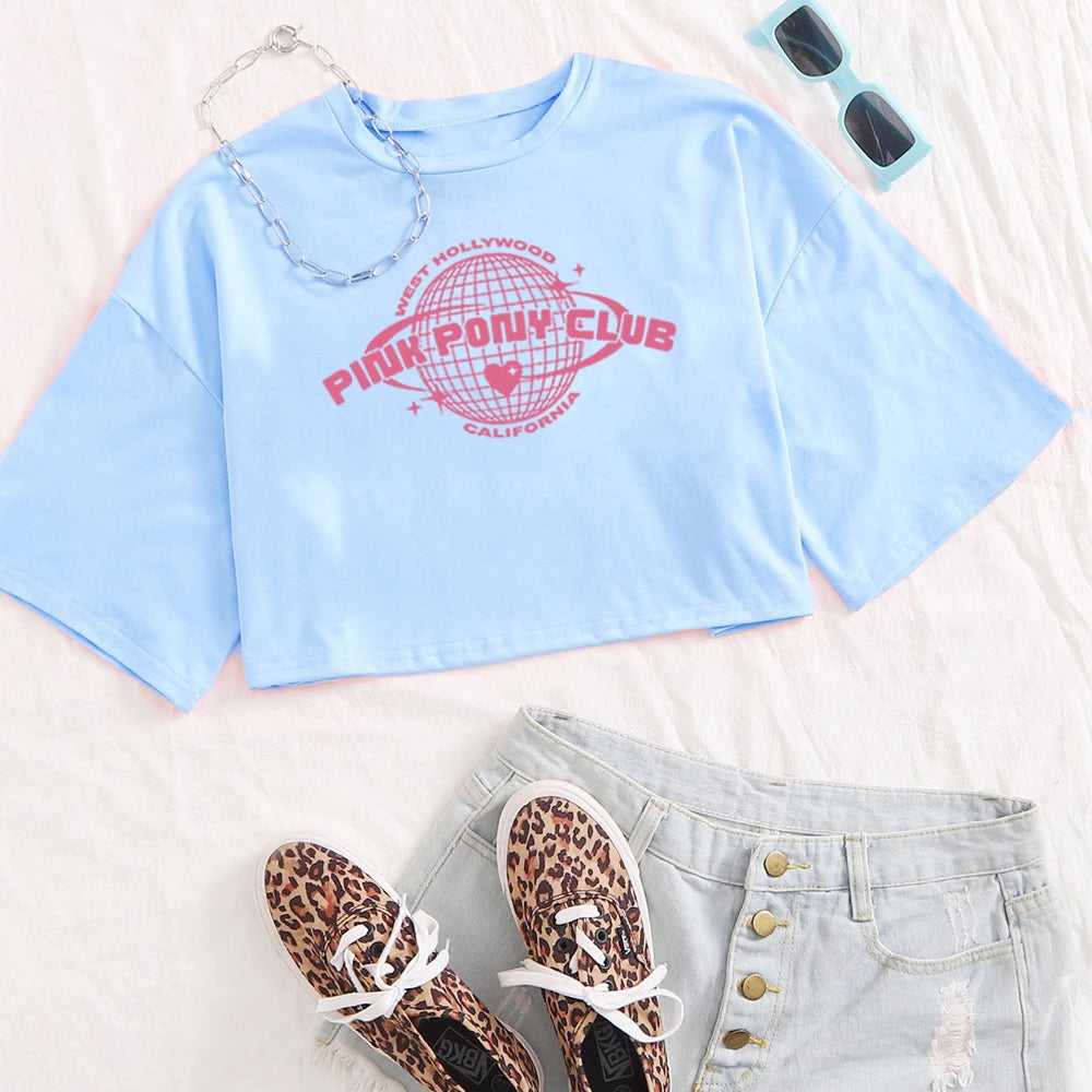 Chappell Roan Pink Pony Club Crop Tops Gift for Fan Chappell Roan Merch Harajuku O-Neck Short Sleeves Crop Tops
