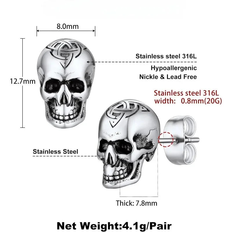 Gothic Skull Earrings for Men Boys Stainless Steel Jewlery Cool Punk Earring Studs for Party Halloween Father Days Gifts