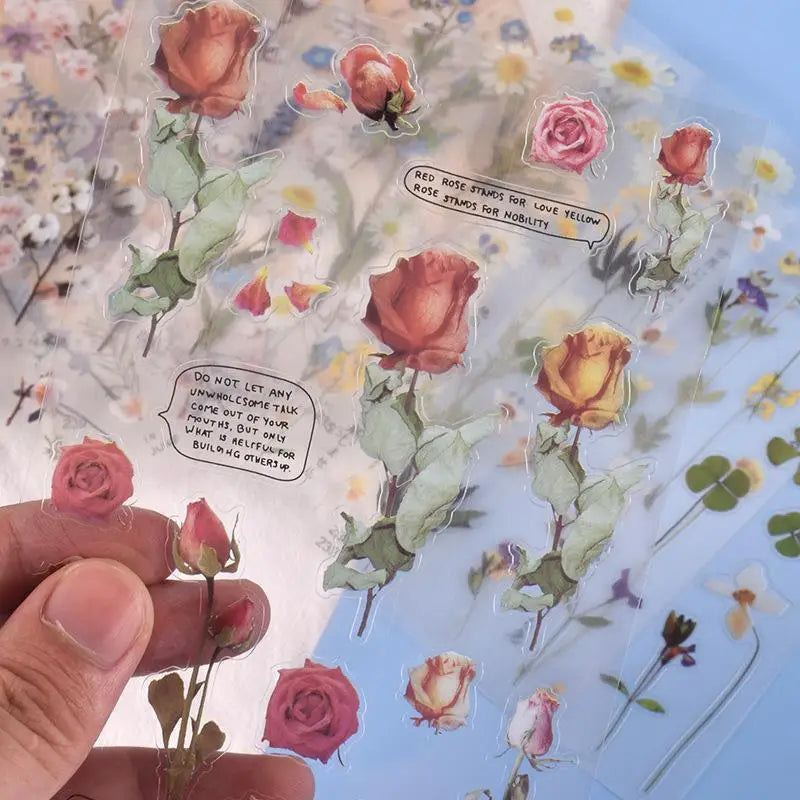 1sets Retro Plant English PET Deco Stickers Plant Flower Leaf Transparent Bullet Journaling Accessories Aesthetic Stickers