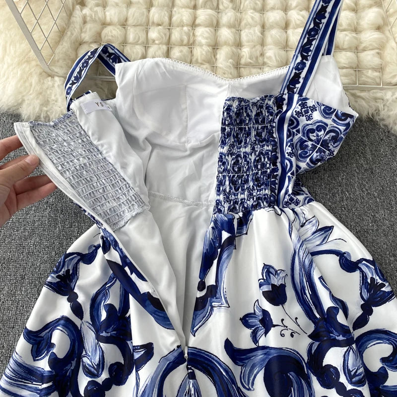 New Summer Holiday Elastic Yellow Print Long Dress Women's Spaghetti Strap Cup Padded Backless Blue White Porcelain Maxi Vestido