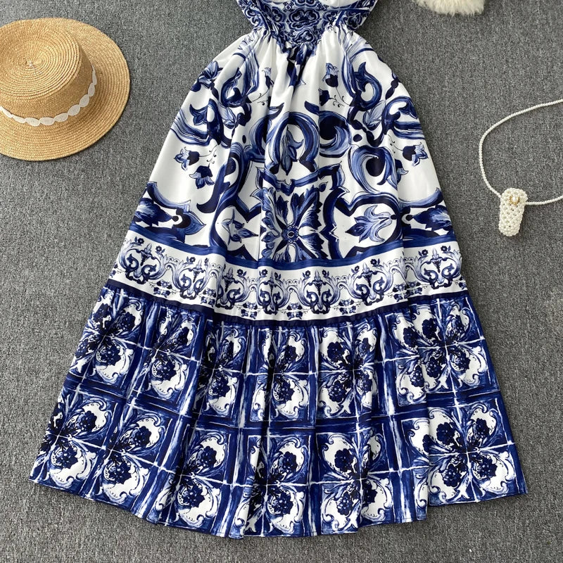 New Summer Holiday Elastic Yellow Print Long Dress Women's Spaghetti Strap Cup Padded Backless Blue White Porcelain Maxi Vestido