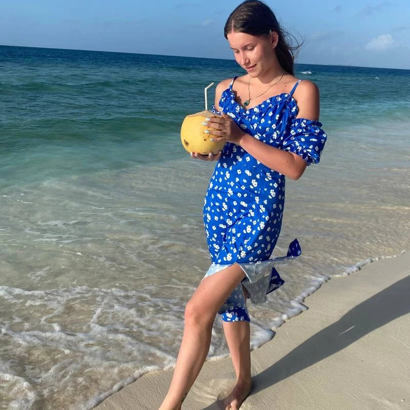 Women Elegant Off Shoulder V Neck Long Dress Sexy Sling Ruffle Strapless Slit Party Dress Spring Floral Print Slim Dress 21764