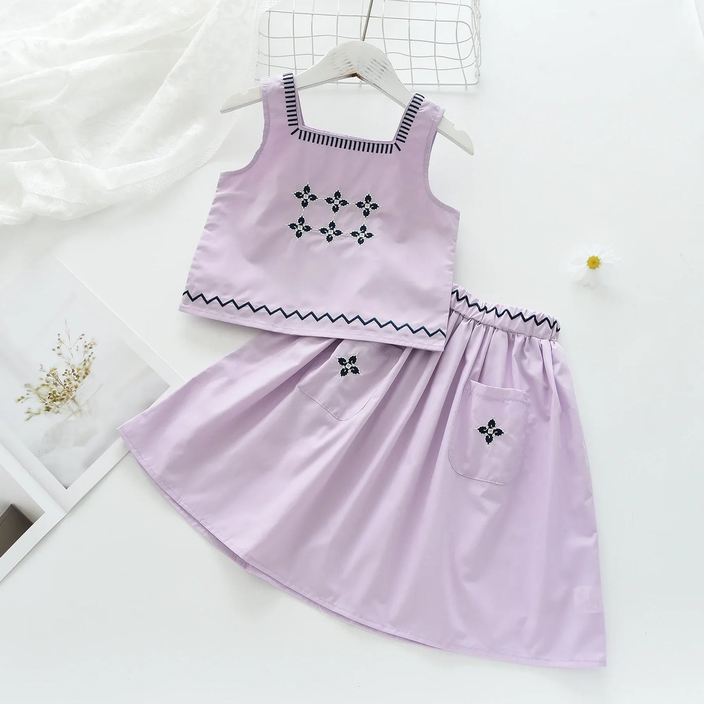 Children's Clothing Sets Floral Embroidery Sleeveless Top + Skirt 2pcs Kids Clothes Girls for 2 To 7 Years  Baby Girl Outfit Set
