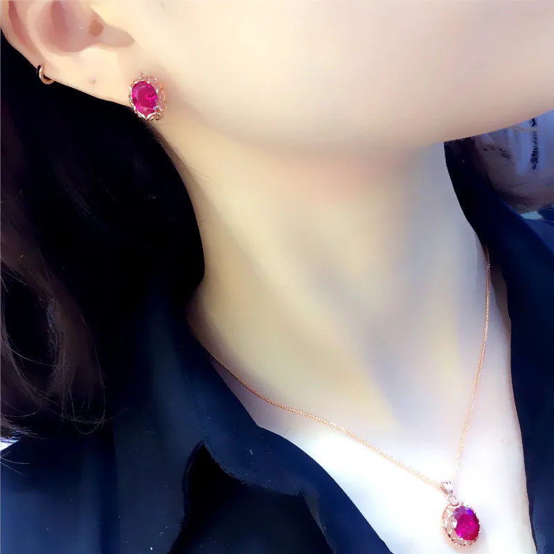 Luxury 585 purple gold inlaid ruby jewelry set hollow design 14K rose gold wedding necklaces rings earrings for girlfriend