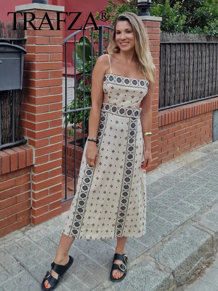 TRAFZA Women Vintage Print Sling Long Dress 2025 Fashion Hollow Out Sleeveless Backless Button Holiday Dresses Lady Slim Robes