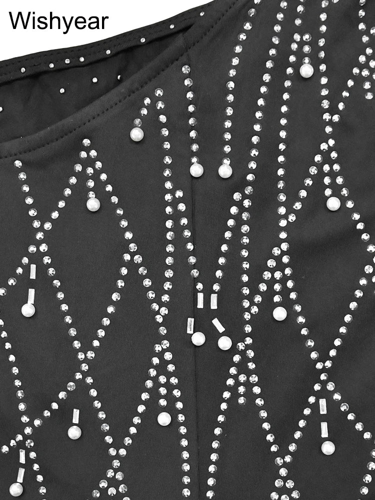 Wishyear Spring Sexy Party Club Birthday Evening Rhinestone Diagonal Collar Long Dress for Women Sleeveless Maxi Vestidos Luxury