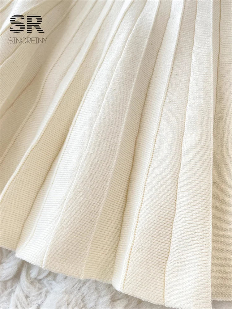 SINGREINY Elegant Knit Pleated Mini Dress Women Soft Ribbed Solid Flare Sleeve Fashion Lady Casual Sweater Slim Dresses