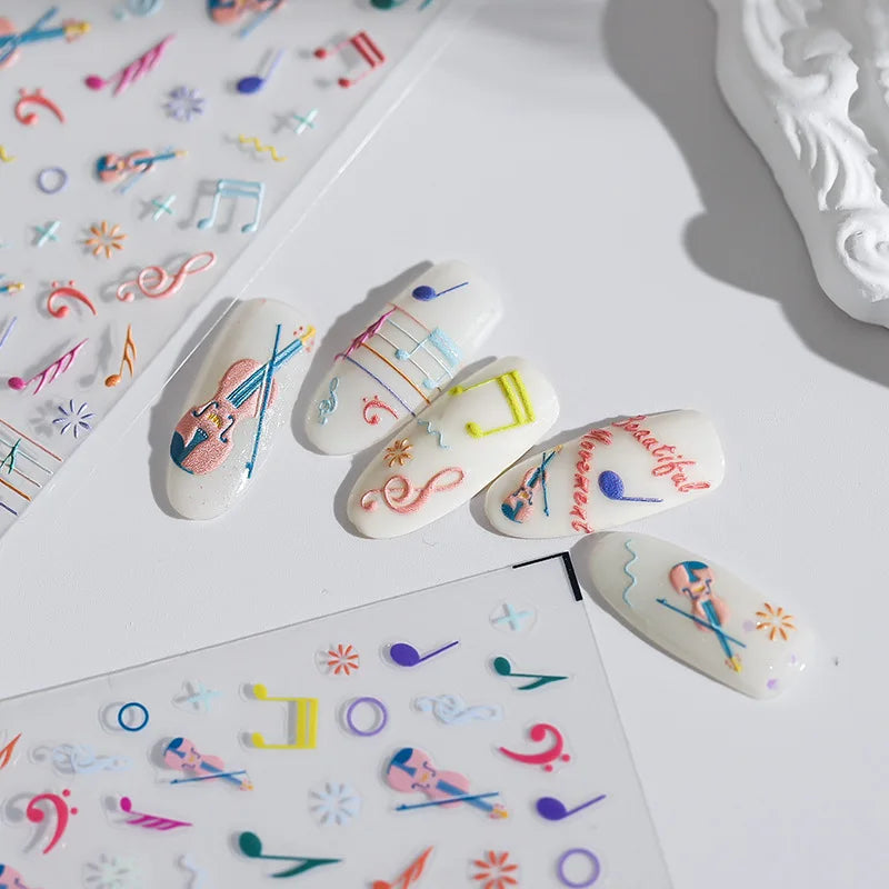 Colored Doodle Violin Music Note Design 5D Embossed Reliefs Nail Art Stickers Cute 3D Self Adhesive Manicure Decals Wholesale