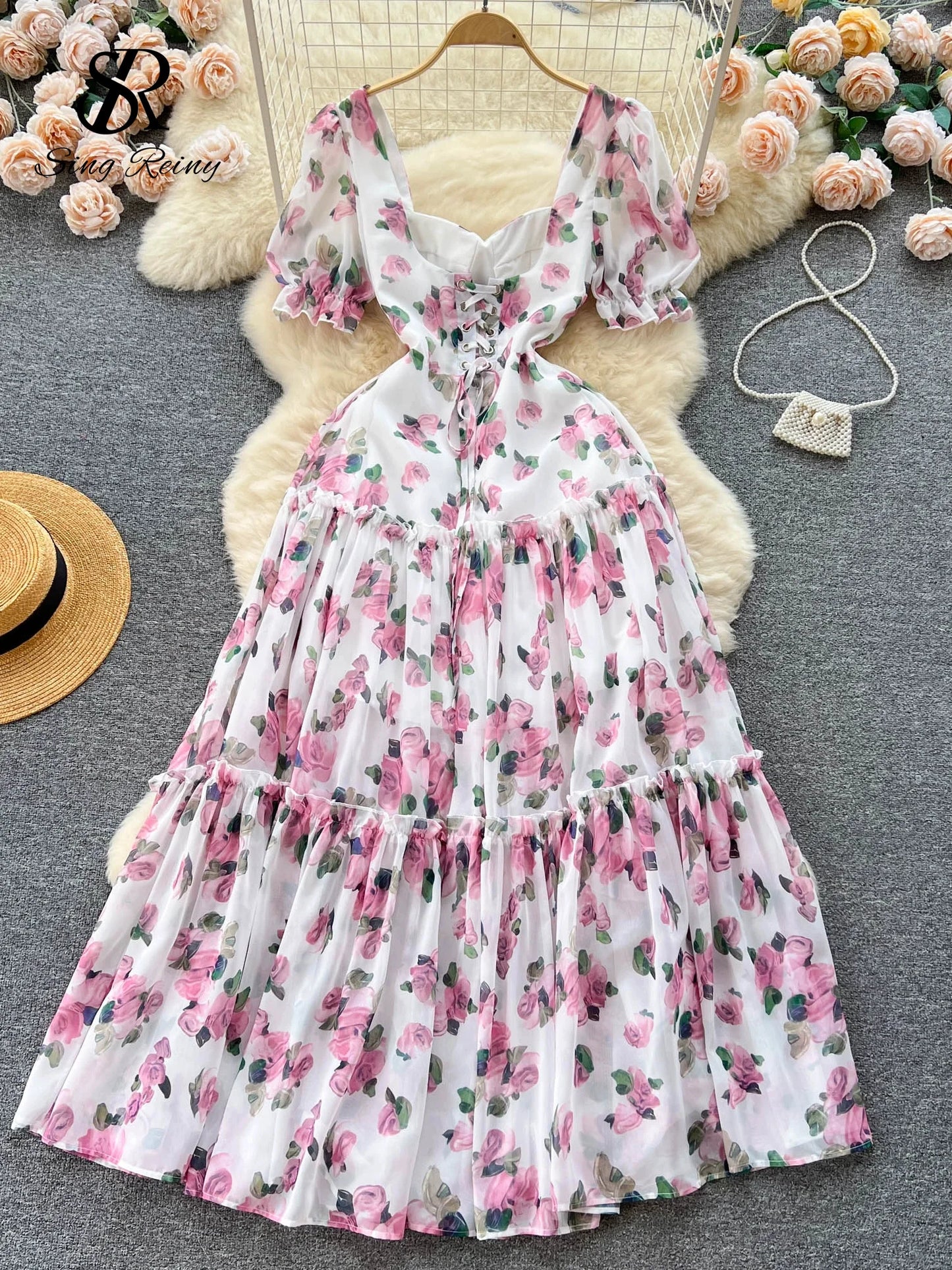 SINGREINY Beach Vacation Floral Print Dress Women Backless Lace Up Cross Bandage Ruched Korean Hotsweet Fashion Party Long Dress