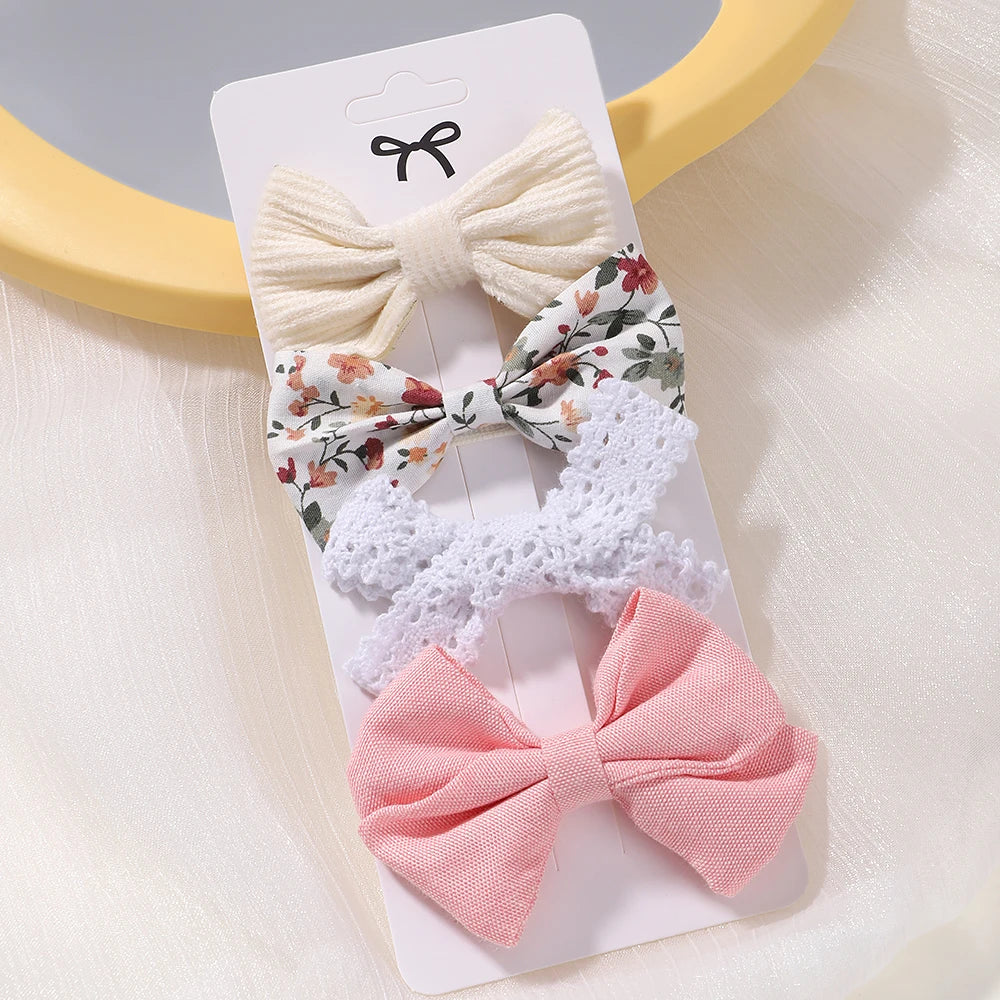 4PCS/Set Muslin Baby Girls Bows Hair Clips Hairpins Hairclip For Kids Cotton Linen Barrette Flower Print Side Pin Accessories