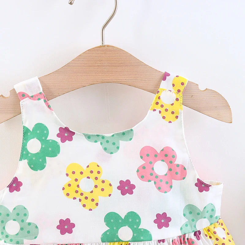 Summer 2/piece set baby girl dress hat little girl big bow design floral print princess dress all over the body