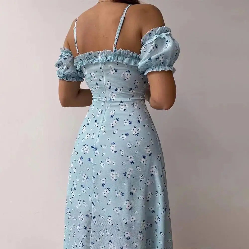 Women Elegant Off Shoulder V Neck Long Dress Sexy Sling Ruffle Strapless Slit Party Dress Spring Floral Print Slim Dress 21764