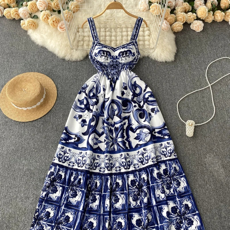 New Summer Holiday Elastic Yellow Print Long Dress Women's Spaghetti Strap Cup Padded Backless Blue White Porcelain Maxi Vestido