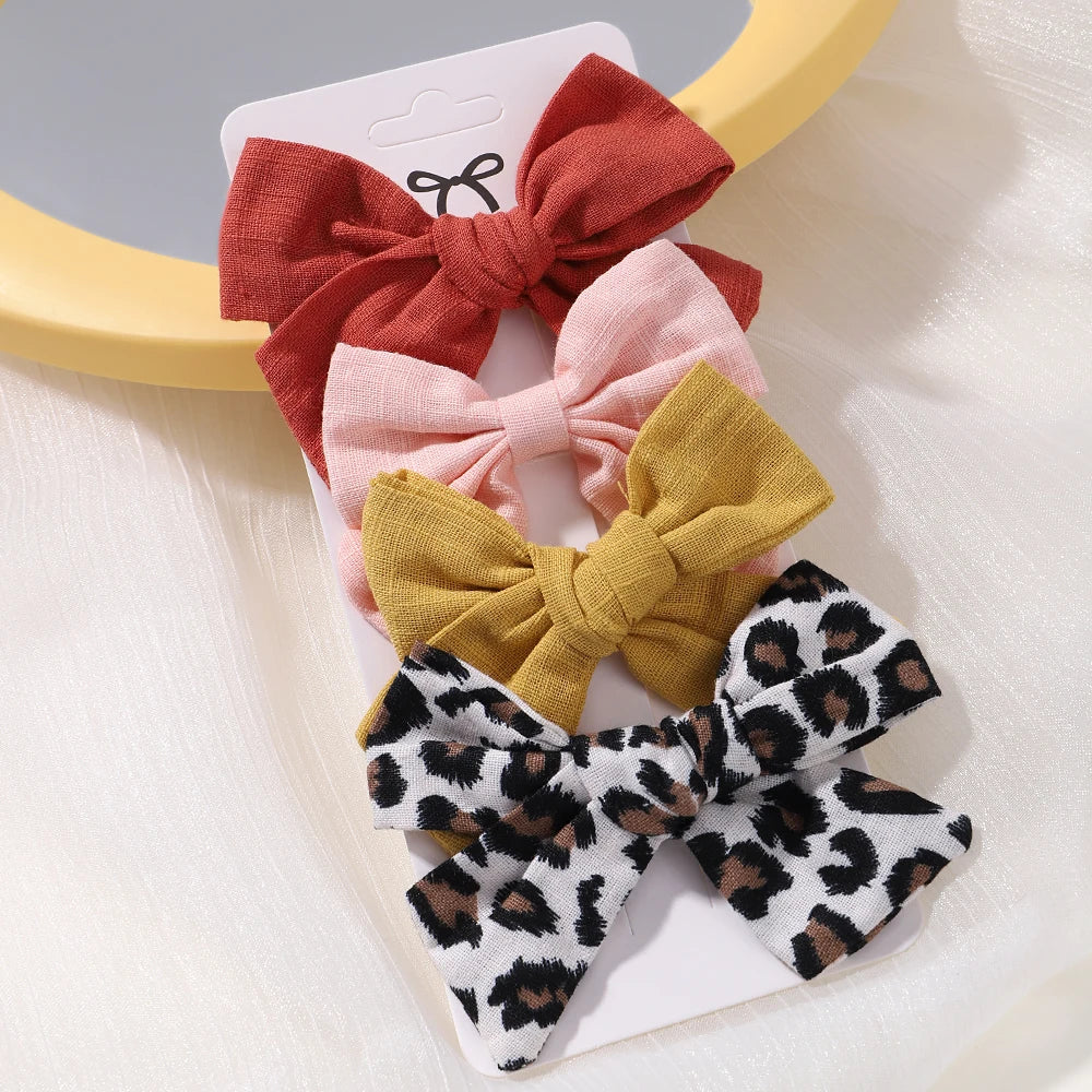 4PCS/Set Muslin Baby Girls Bows Hair Clips Hairpins Hairclip For Kids Cotton Linen Barrette Flower Print Side Pin Accessories