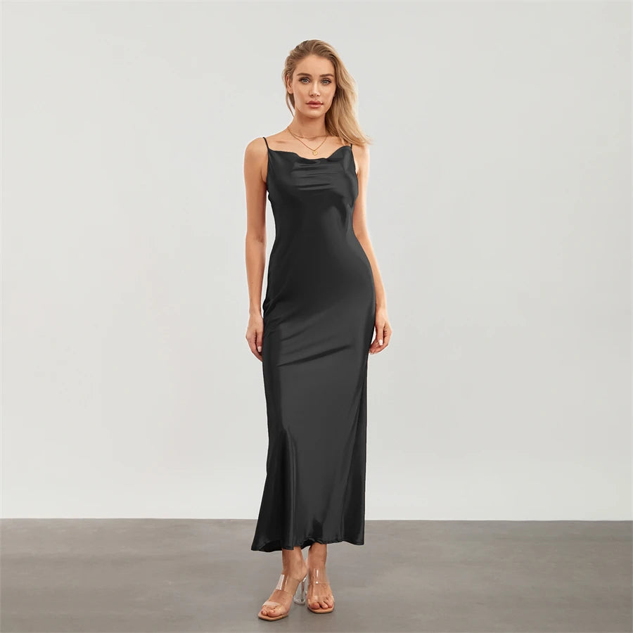 Elegant Satin Long Dress Solid Color Sleeveless Cowl Neck Wrap Party Dress