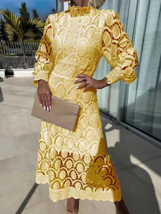 Spring New Fashionable French Lace Stand Up Collar With Bubble Sleeves Waist Cinching Slimming Dress Elegant Long Dress