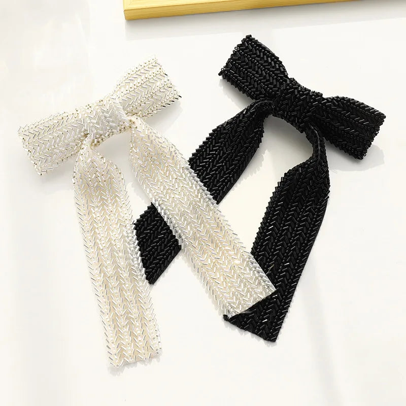 Glass Diamond Beaded Full Pearls Hairclip Bows Ribbon Barrette Girls Bow Hairpins Wedding Hair Accessories Hair Clips Women